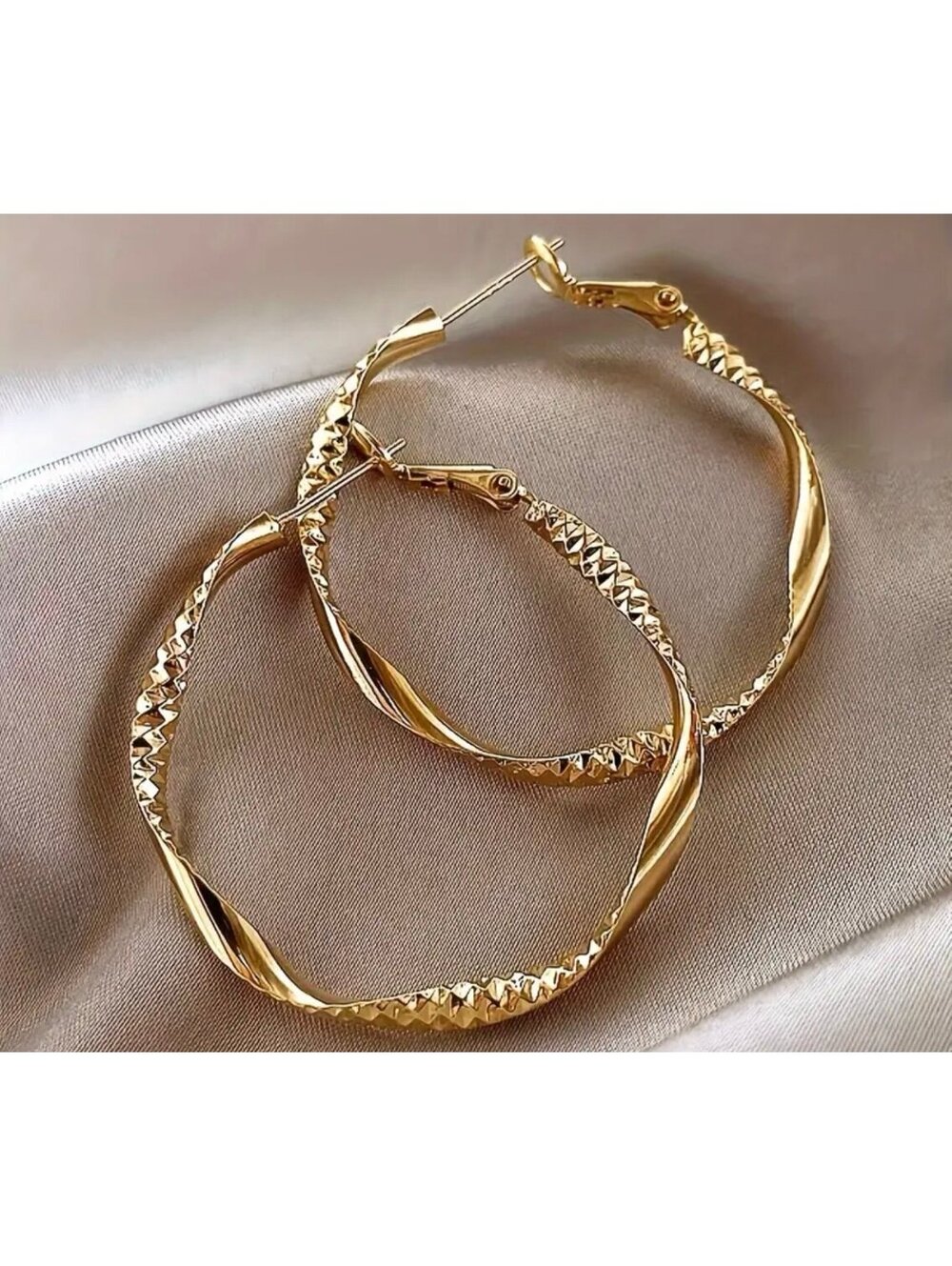 New - Luxurious Large Gold Twisted Hoop Earrings with Zircon accents